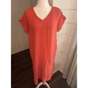 Eileen Fisher Dress Womens Small Coral Organic Cotton Crinkle Gauze V Neck Shift